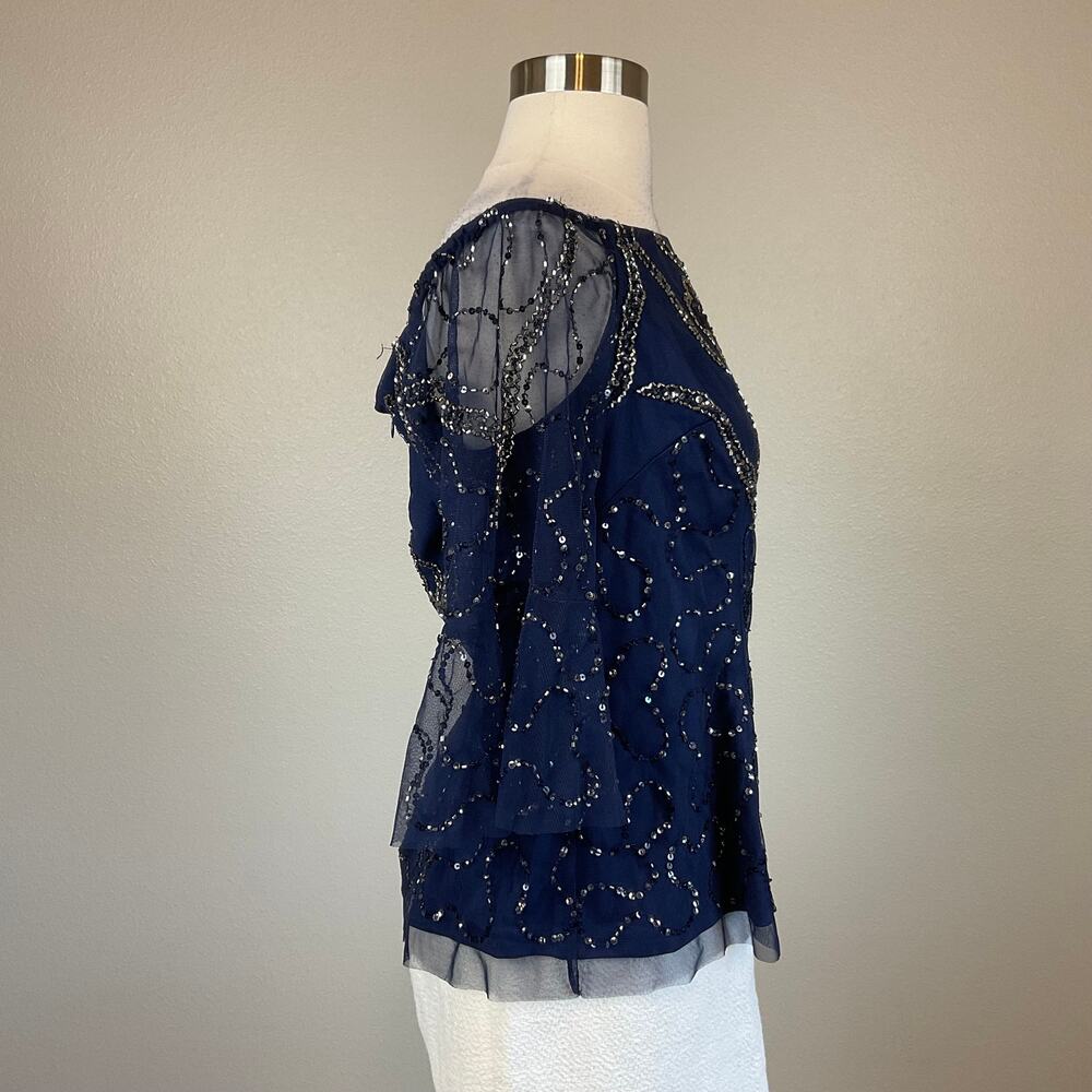 Adrianna Papell Blue Blouse Beaded Off the Shoulder Chiffon Long Sleeve Size 8 - Picture 4 of 10